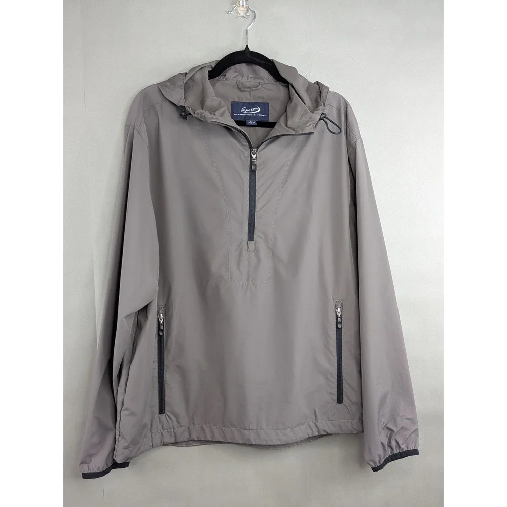 Roundtree & Yorke Mens Windbreaker L Taupe Quarter Zip Hooded Rain Jacket Sport
